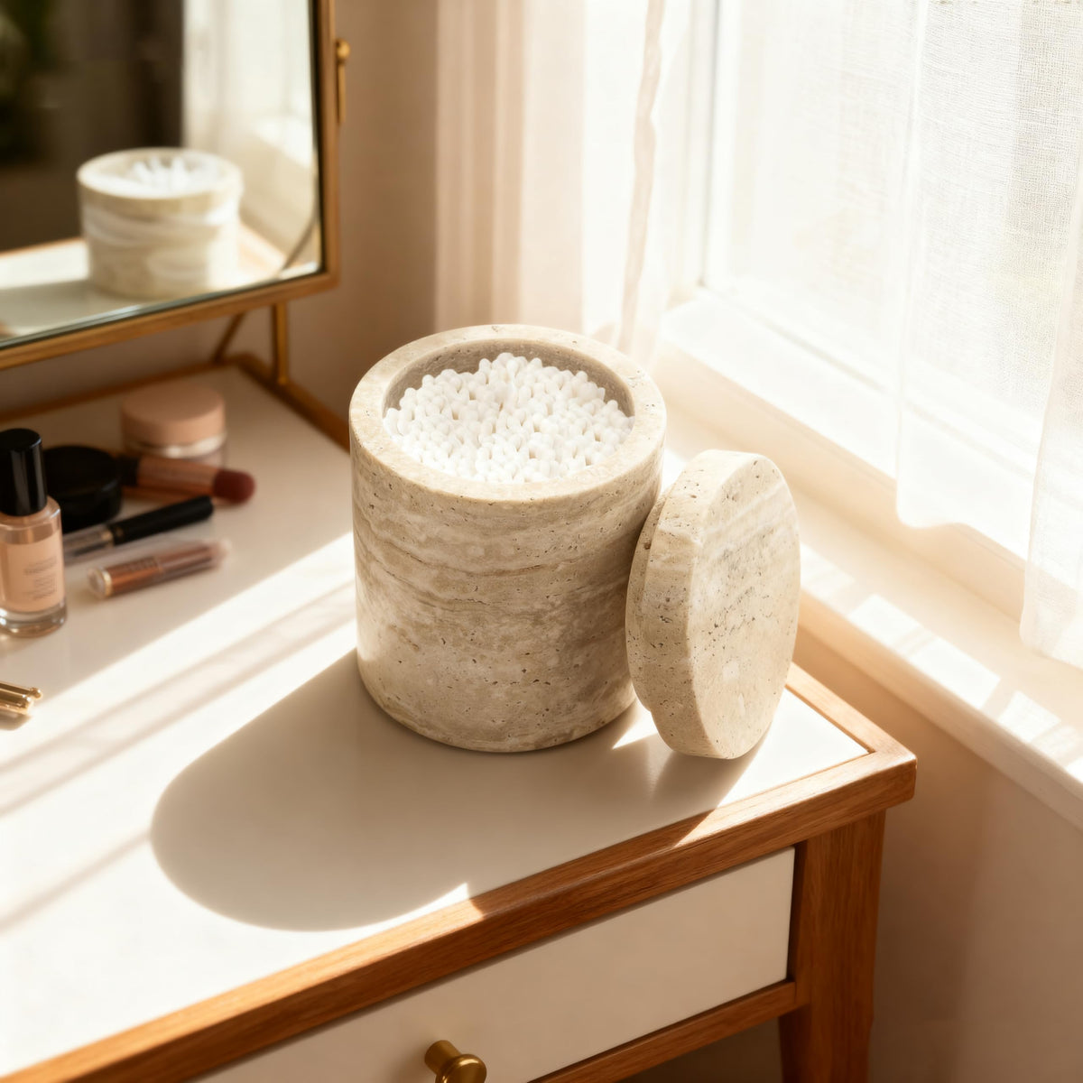 N NANSHOP Natural Marble Canister, Cotton Swab Holder with Lid, Marble Toothbrush Holder Qtip Holder Storage for Cotton Swab, Floss Picks, Makeup Pad, Bath Salt, Beige White Travertine(NS019)