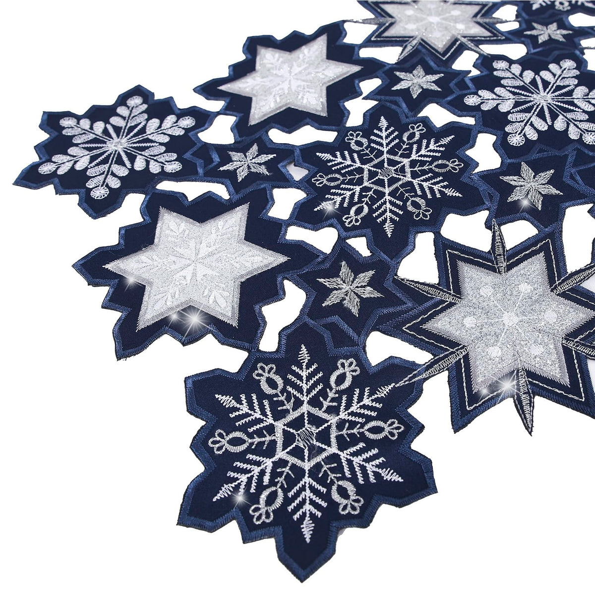 Christmas Table Runner Snowflake Navy Blue Table Decorations Navy Blue Embroided 54 inches Long Sparkle Sequin Silver Glitter Shiny Cutwork Holiday Festive Dining Decor New Year