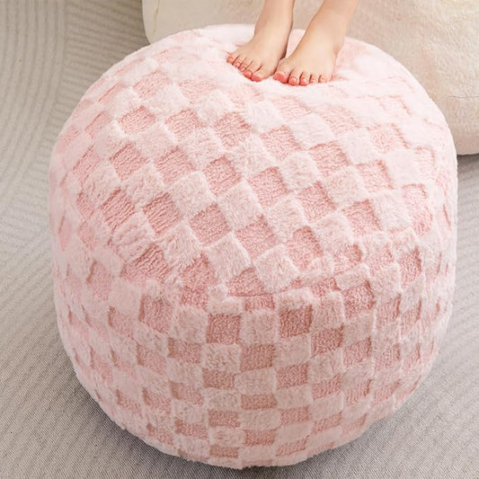 HIGOGOGO Round Stuffed Pouf Ottoman, Plaid Poufs