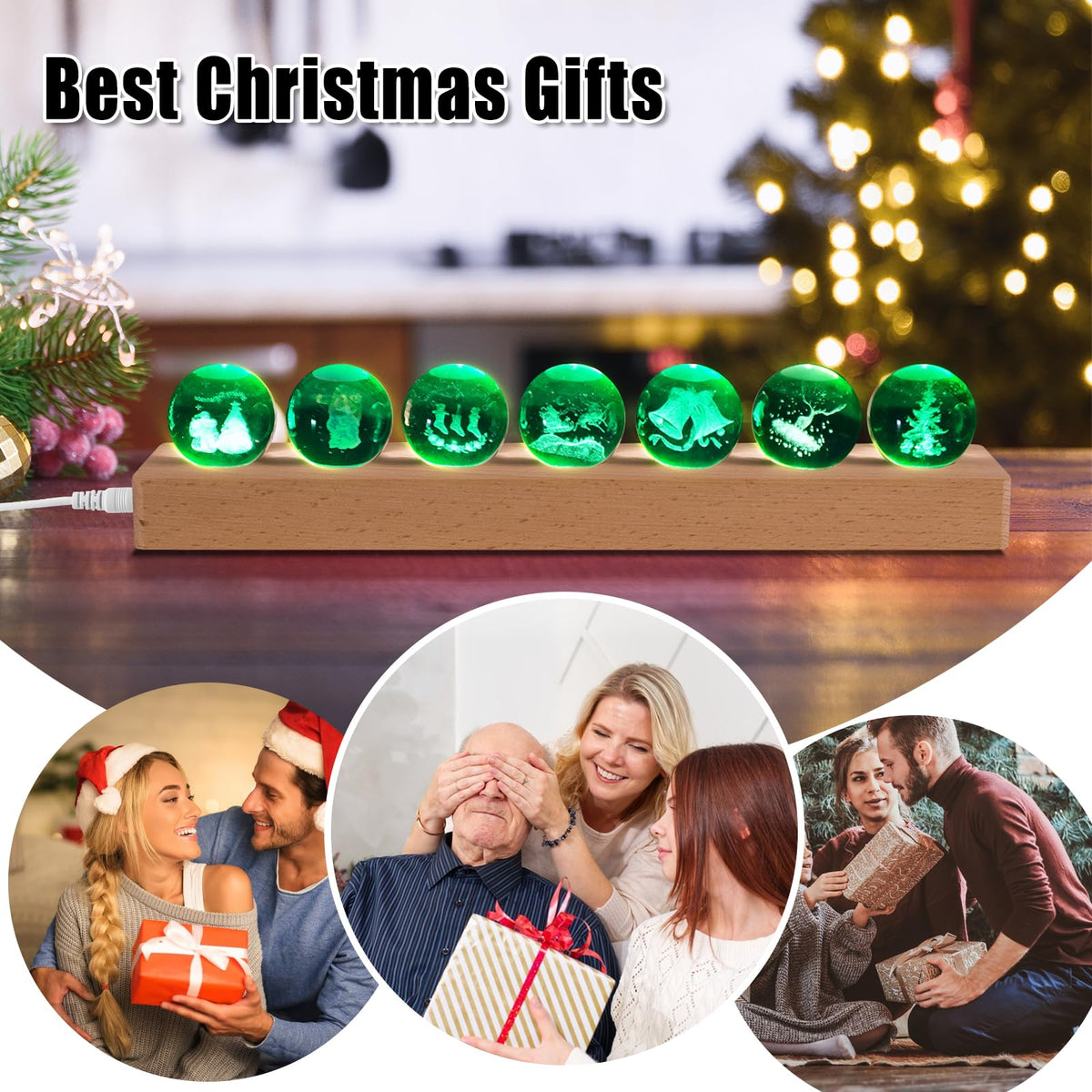 JOJOCY Christmas Glass Crystal Ball Light with Wooden Base, USB-Powered Colorful LED Night Lamp with 7 Christmas Tree Santa Claus and Elk Patterns for New Year's Gift