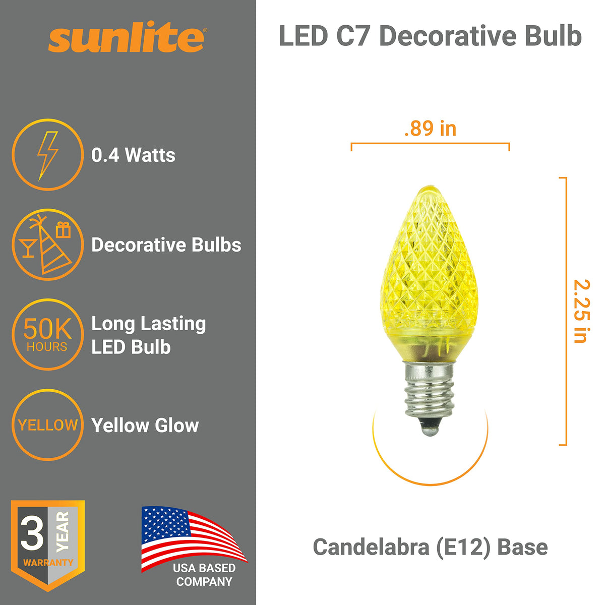 Sunlite 40462 LED C7 Holiday Decorative Light Bulb, 0.4 Watts, E12 Candelabra Base, Faceted Christmas-Lights; Nightlight, Yellow