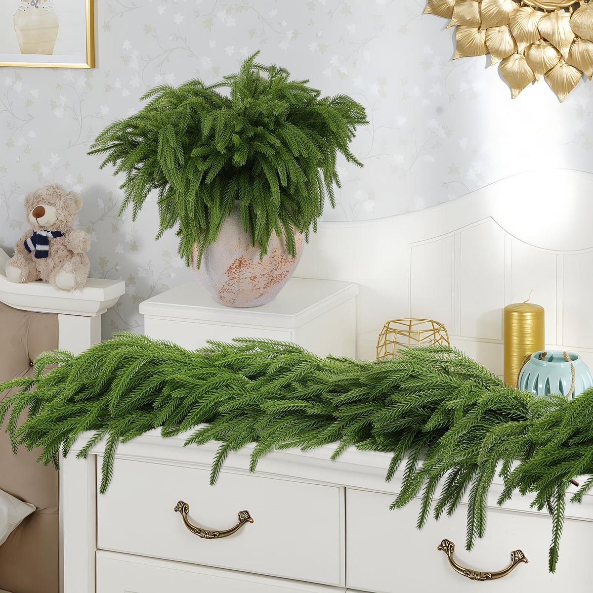 Rowfad 12 Pcs Artificial Norfolk Pine Branches, Norfolk Pine Artificial Pine Stems DIY Crafts Faux Christmas Greenary Norfolk Pine Branches for Xmas Wreath Garland Home Decor (12)