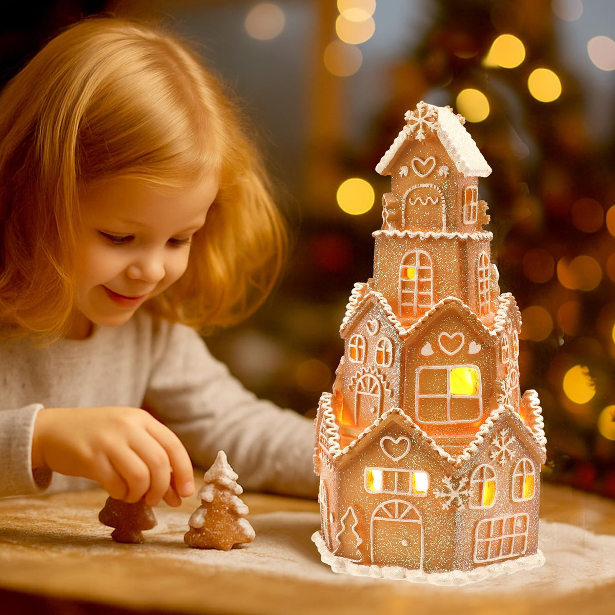 Beeveer LED Christmas Gingerbread House Decoration Resin Christmas Gingerbread Village Sets Xmas Village Collectible Figurines Home Decor Gifts 5 x 5 x 8.25 Inch