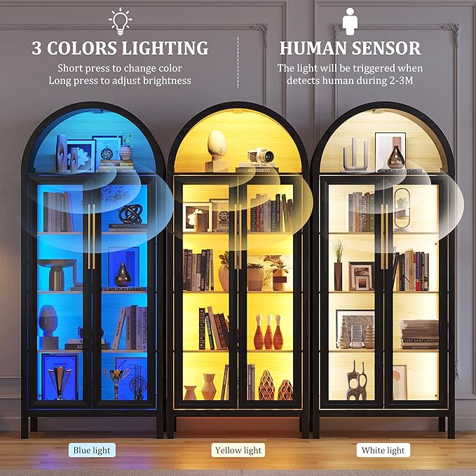 HWB Display Cabinet with Glass Doors, 5-Tier Tall Curio Cabinet with Lights