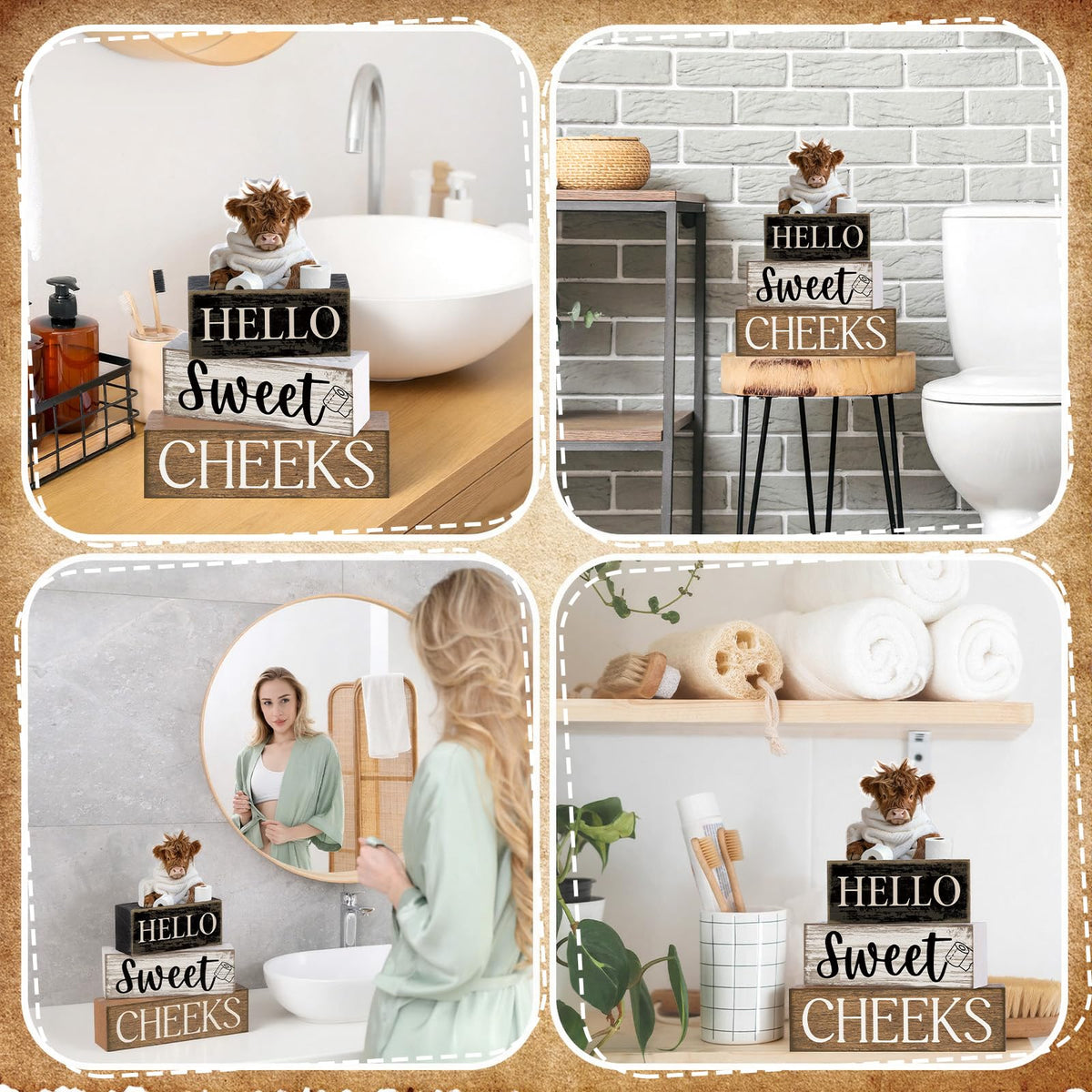 Moucuny 4 Pcs Bathroom Shelf Decor Highland Cow Farmhouse Bathroom Decor and Accessories Rustic Eucalyptus Leaves Hello Sweet Cheeks Highland Cow Sign Western Table Centerpiece for Home Office Toilet