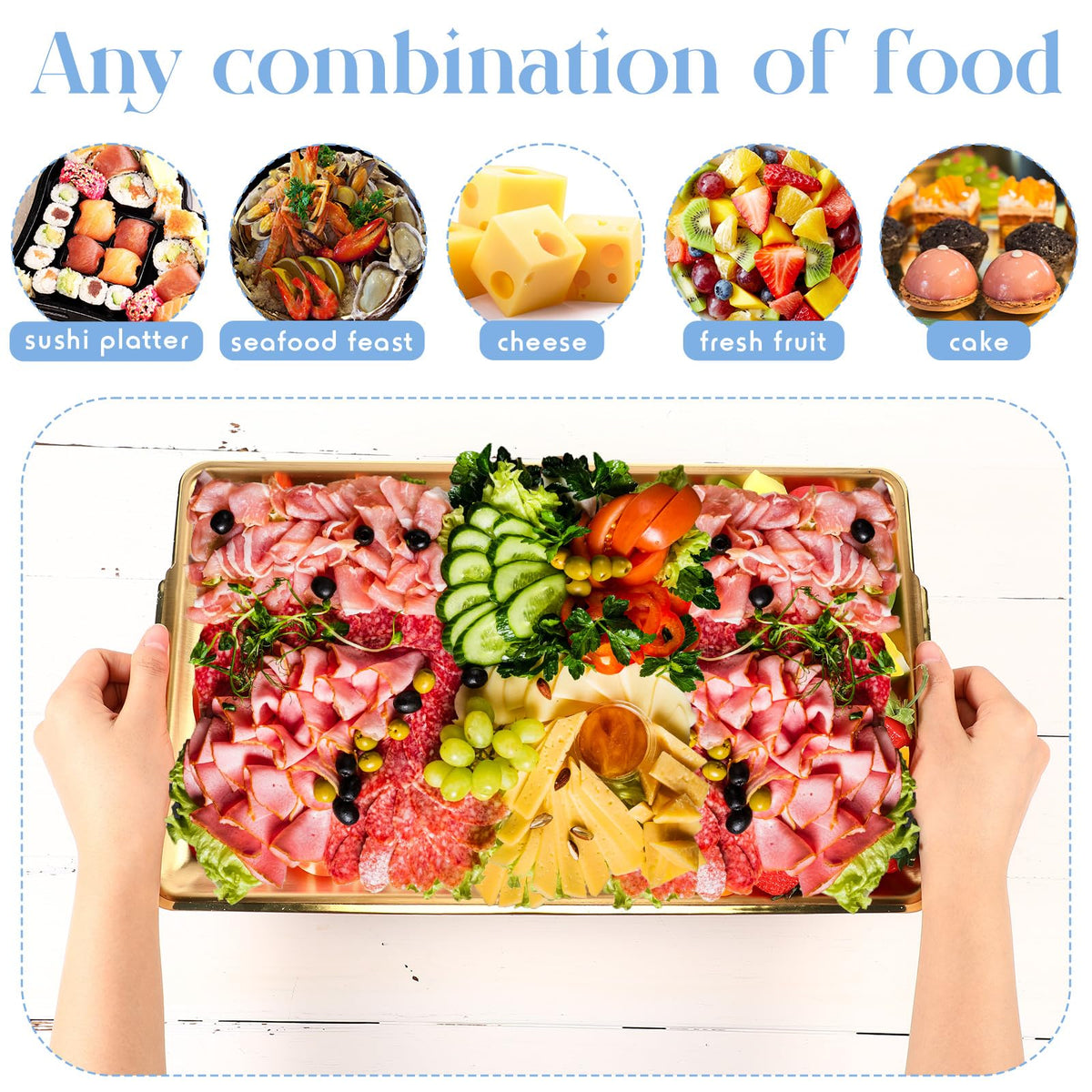 Baderke 1 Set 16" x 9'' Chilled Serving Tray for Parties with Compartments Rectangle Serving Dish Ice Charcuterie Party Platter for Shrimp Fruit Seafood Vegetable Appetizer (Gold)