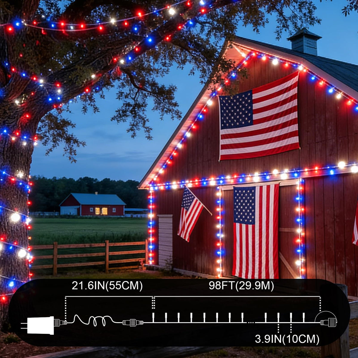TWINGLEHOME 99ft (30 m) 300 LED String Lights with Clear Wire, 4" Spacing, Multifunctional Lighting Modes (Red, Cool White, Blue), Plug-in for Indoor Holiday, Nation Day