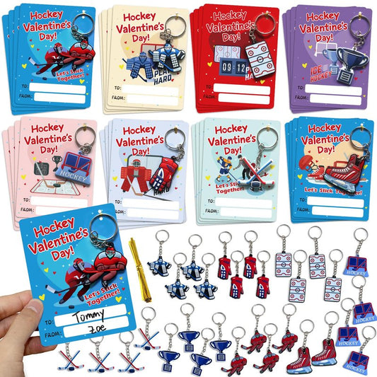 PINGAMOO Hockey Valentines Day Cards, 32PCS Valentine Cards with 32PCS Hockey Keychains, Boys Valentine's Card for Classroom School Party Favors Valentines Exchange