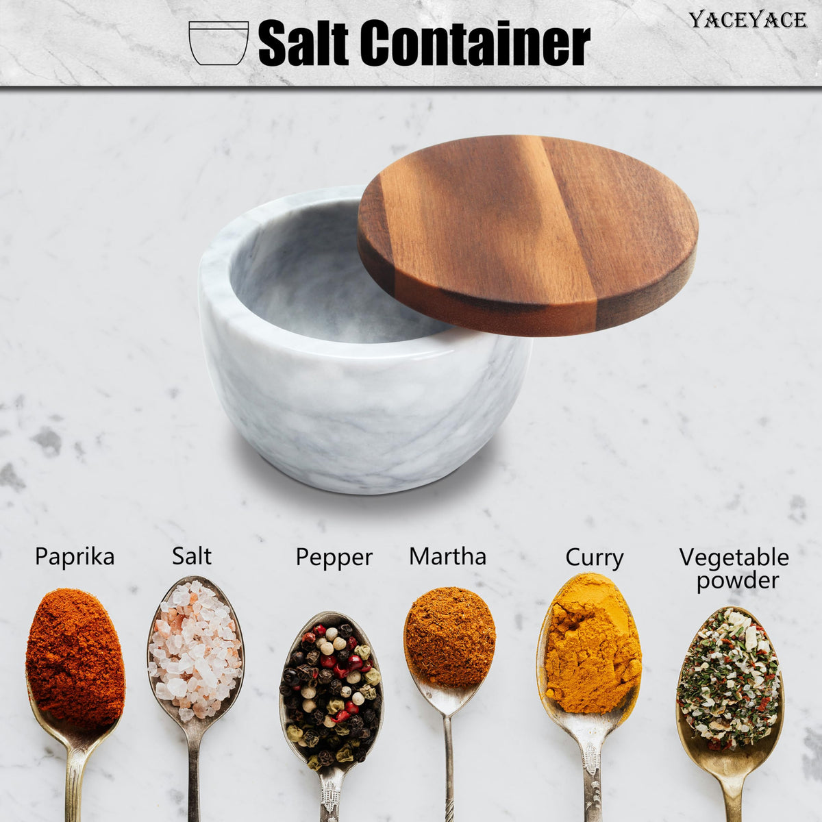 YACEYACE White Modern Marble Salt Bowl, 4oz Small Salt Cellar with Acacia Wood Lid, Elegant White Salt Spice Seasoning Bowl, Container Jar Holder