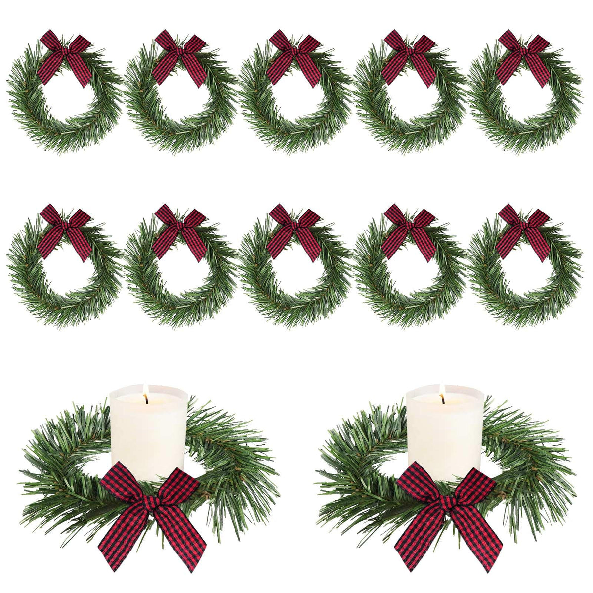 YBB 12Pcs Christmas Candle Rings with Red Black Plaid Bow, Small Artificial Wreath Candle Holder Rings, Fits 3.9 Inch Pillars Candle Tapers for Rustic Wedding Centerpiece Christmas Table Decoration