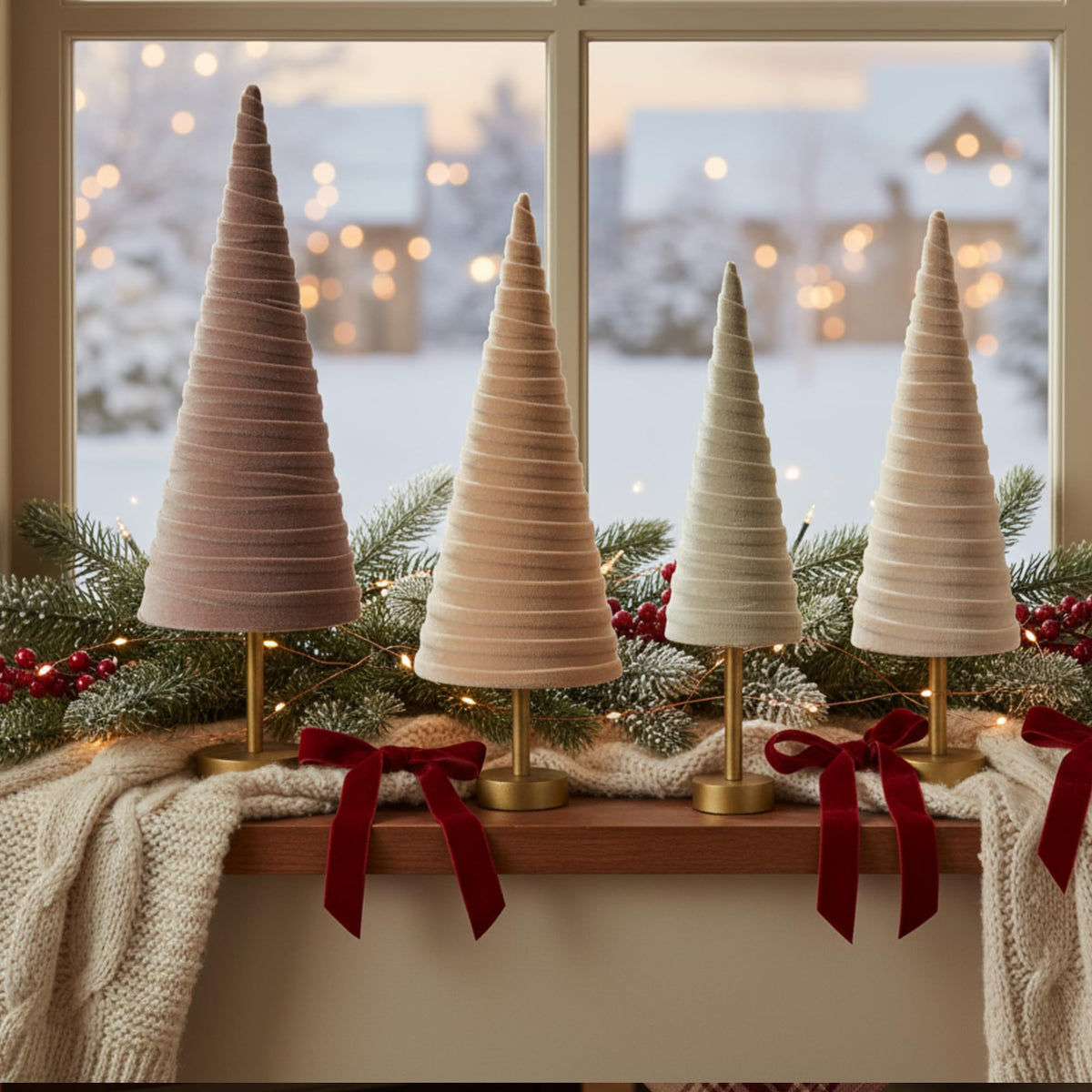 Hoolerry 4 Pcs Christmas Velvet Trees with Gold Pedestal Modern Rustic Christmas Velvet Cone Trees Minimalist for Mantel Table Centerpiece Entryway Home Winter Holiday Wedding Decor(Nude Tone)