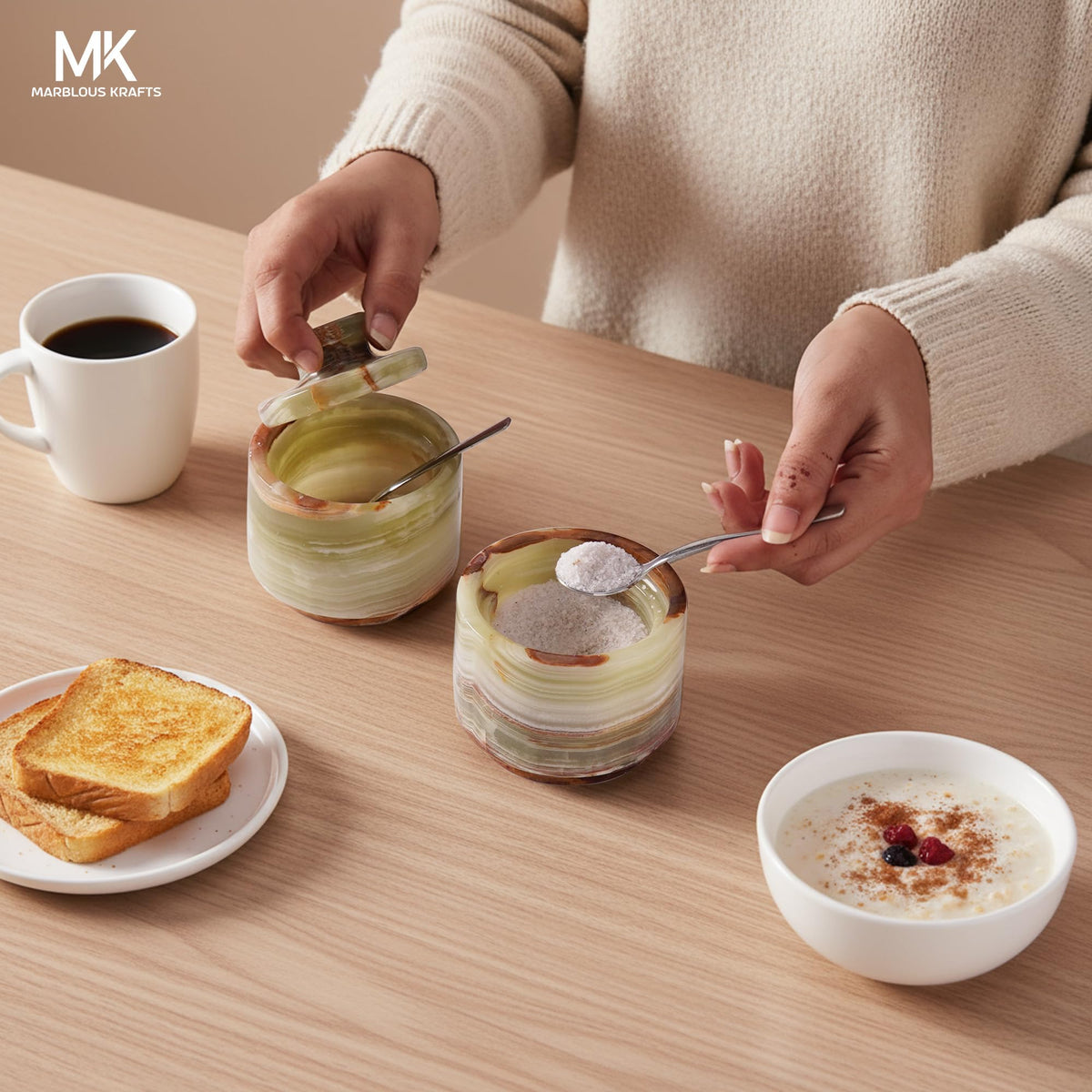 MARBLOUS KRAFTS Marble Salt Cellar with Lid and Spoon 3" Inch Green Stone Salt Dish for Kitchen Countertop Storage, Small Set of 2 Seasoning Containers, Spice Jars, Sugar Bowl