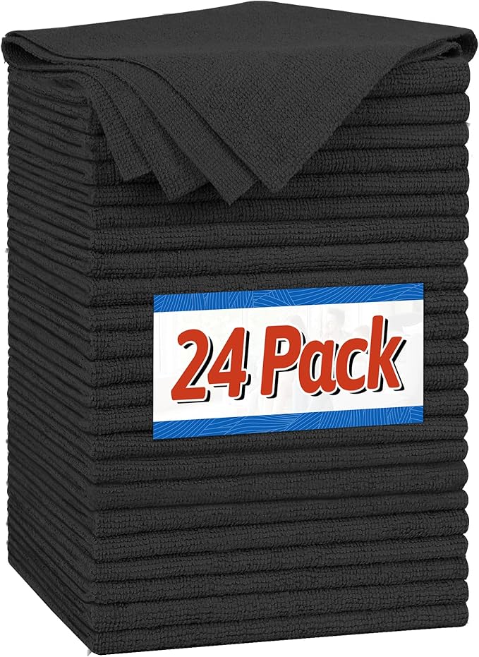 FIXSMITH Microfiber Cleaning Cloth, Shop Towels Bulk, 24 Pack Black Microfiber