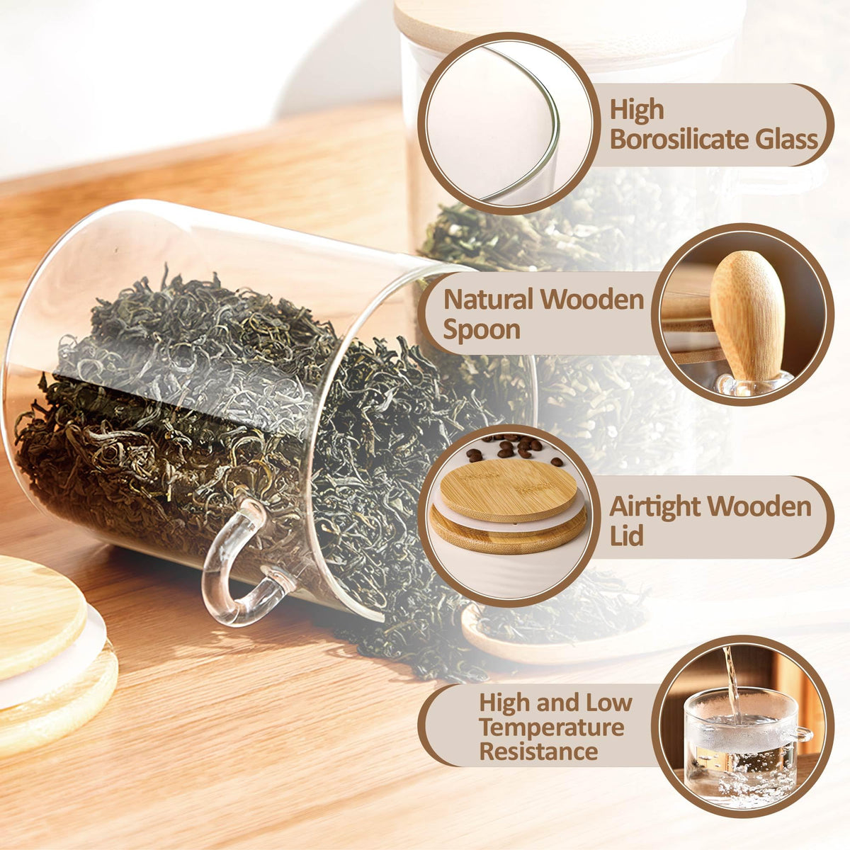 MOLADRI 25 oz/750 ml Glass Storage Canister with with Airtight Lid, Cute Clear Decorative Container Jar with Wooden Spoon for Coffee Spice Candy Salt Cookie Condiment Sugar Matcha Tea Overnight Oats