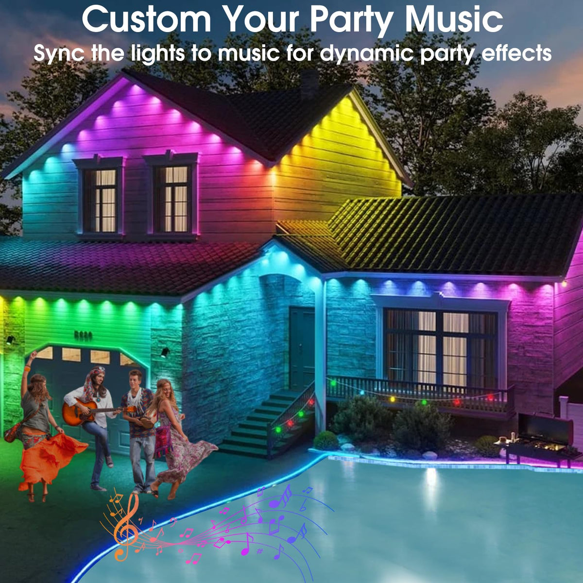 Sumaote Permanent Outdoor Lights 150ft, Smart RGB+IC Smart Christmas House Lights 108 LED Waterproof Music Sync Eave Lights for Christmas, Holiday Decor, Compatible with Alexa Google Assistant