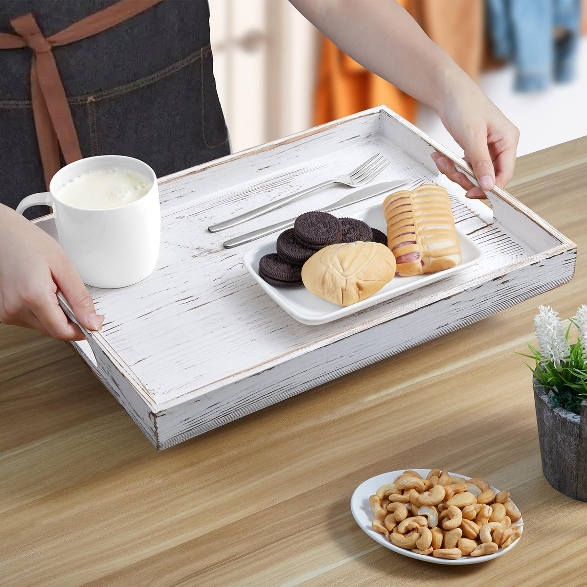 17 Inch Rustic White Serving Tray with Handles - Large Wooden Tray for Ottoman, Breakfast in Bed, Dinner, Coffee Table - Decorative Rectangular Tray for Living Room Bedroom Entryway and Kitchen Decor
