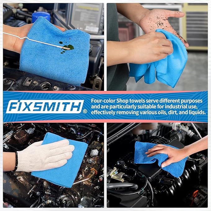 FIXSMITH Microfiber Cleaning Cloth, Shop Towels Bulk, 24 Pack Blue Microfiber