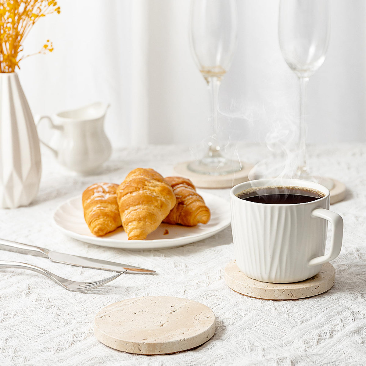 WORHE Natural Travertine Marble Coasters Set of 4-4" Round Stone Drink Coasters, Non-Slip Cork Backing, Housewarming Gift, Wedding, Protect Tables from Stains & Scratches (BD140)