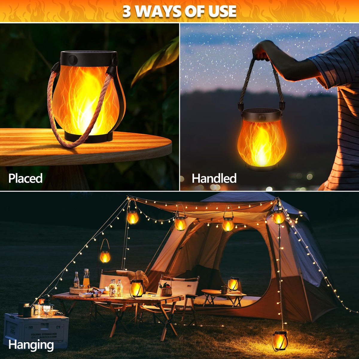 Jyoiat Solar Outdoor Lanterns Waterproof - 2 Pack Ultra-Real Flame Solar Lantern Lights with Dual Charging Modes (Solar/USB) for Garden Yard Patio Birthday Mothers Day Gifts (Warm White - 2 Pack)