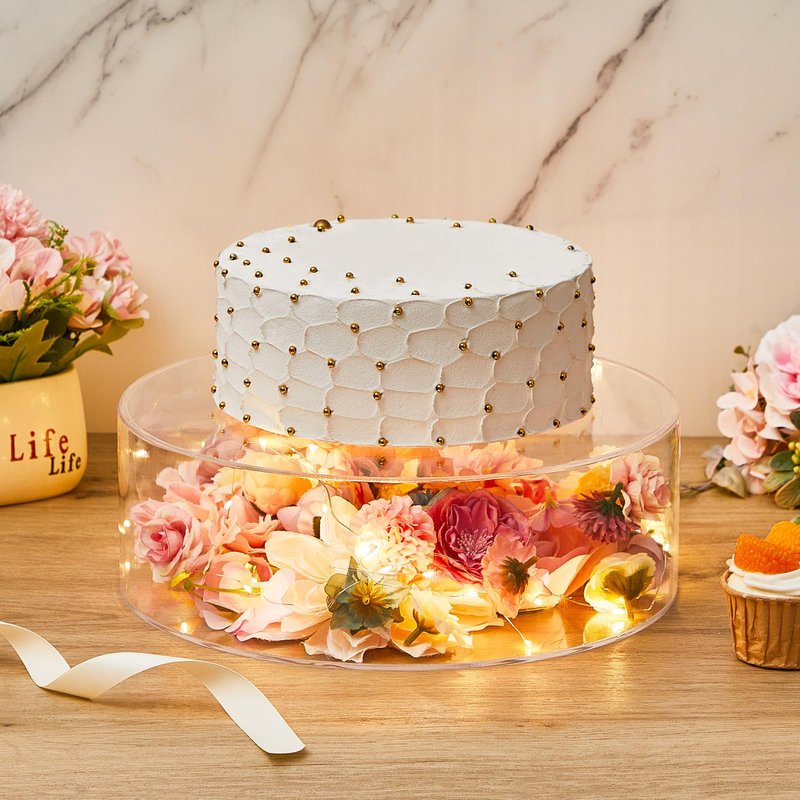 Sunnyray 2 Pcs Acrylic Cake Stands for Dessert Table Clear Fillable Cake Riser Cupcake Tier with LED Strings for Birthday Wedding Holiday Party Display(10", 14")