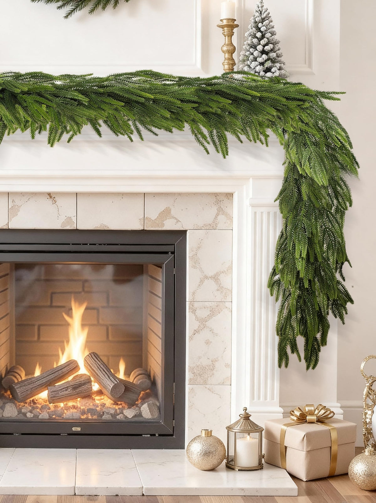 12FTx1 Extra Full Christmas Garland Real Touch Norfolk Pine Garland Faux Greenery Garlands Christmas Decorations Norfolk Pine Garlands for Stairs, Railing,Table Holiday Seasonal Indoor Mantle Decor