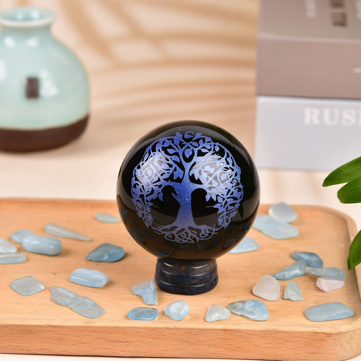 JIC Gem Small Black Obsidian Crystal Ball Sphere Carving Tree of Life with Blue Sodalite Decorative Stand for Meditation, Healing, Feng Shui (60mm / 2.2in)