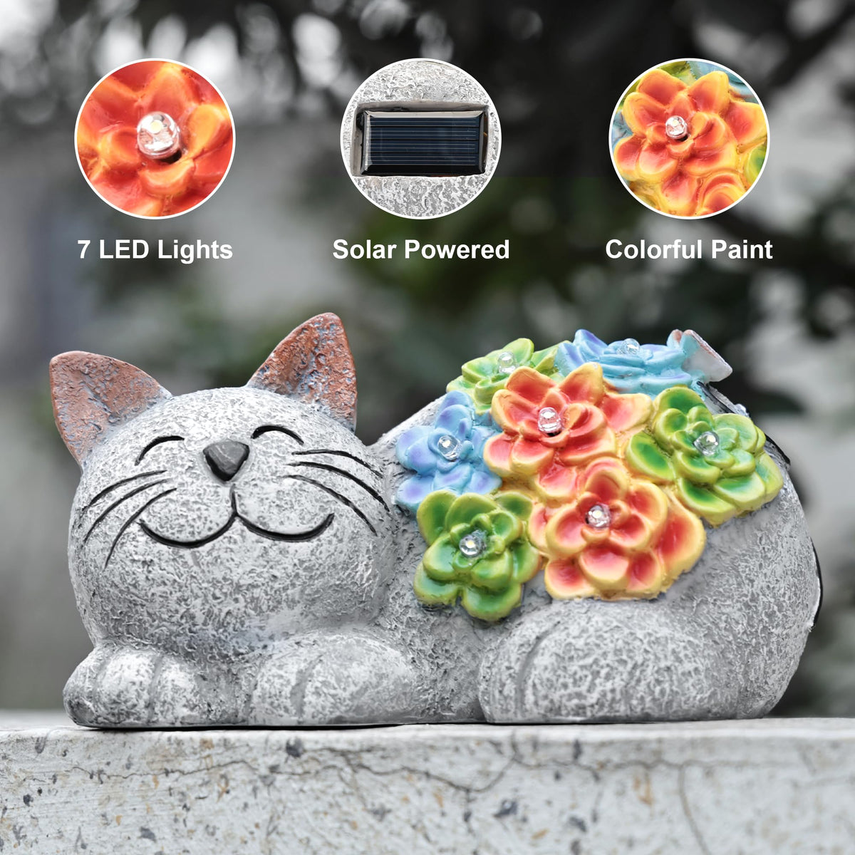 Otdair Solar Garden Decor Cat, Cat Lover Gifts with Succulent and 7 LED Lights for Outside,Outdoor Solar Lights for Yard, Garden and Patio, Unique Gift for Women