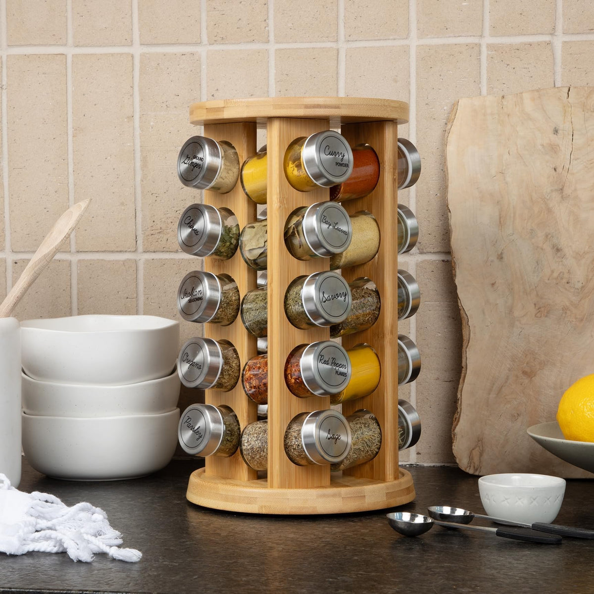 Orii 20 Jar Rotating Bamboo Spice Rack with Spices Included & 5-Year Free Spice Refill Program – Revolving Countertop Spice Rack with Glass Jars