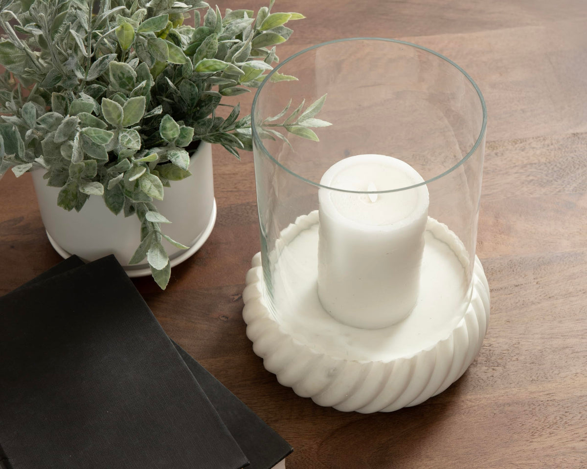 Kate and Laurel Trenza Modern Marble Candle Holder with Glass Cylinder, 8 x 8 x 9, White Marble, Transitional Twisted Base Pillar Candle Holder with Hurricane for Entryway or Living Room Decor
