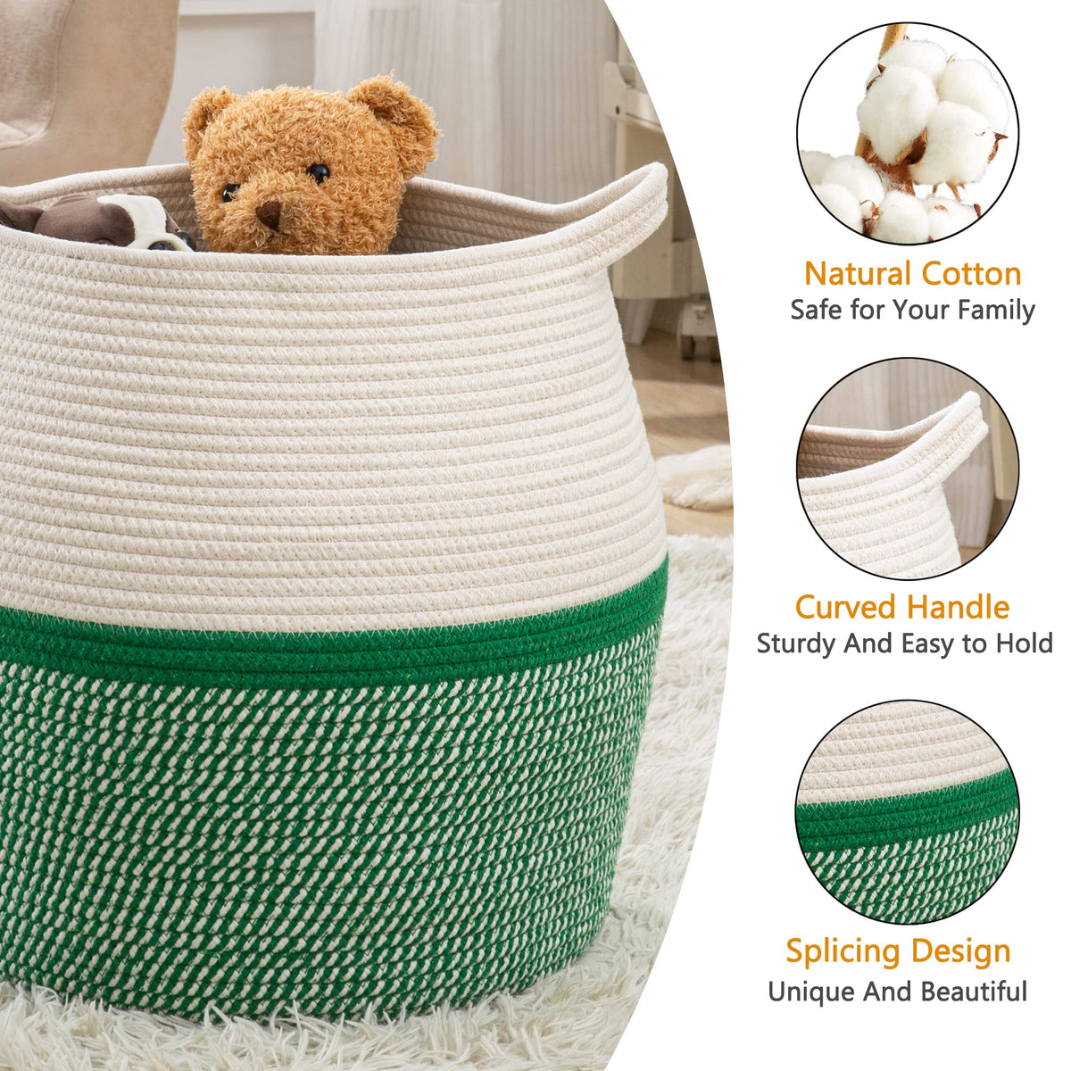 KAKAMAY Woven Baskets for Storage(17"x17"),Large Cotton Rope Woven Baby Laundry Hamper,Collapsible Laundry Basket, Blanket Basket for Organizing Living Room,Nursery,Pillows,Toy Chest(Green)