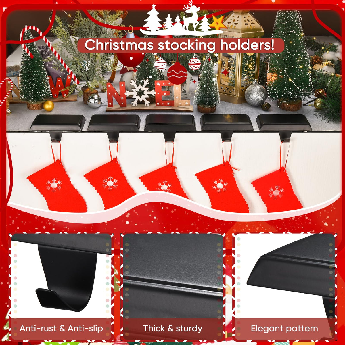 Christmas Stocking Holders for Mantle, Weighted Stocking Hangers, Christmas Stocking Hooks for Tables Window Fireplace Mantle Decoration(Black,4PCS)