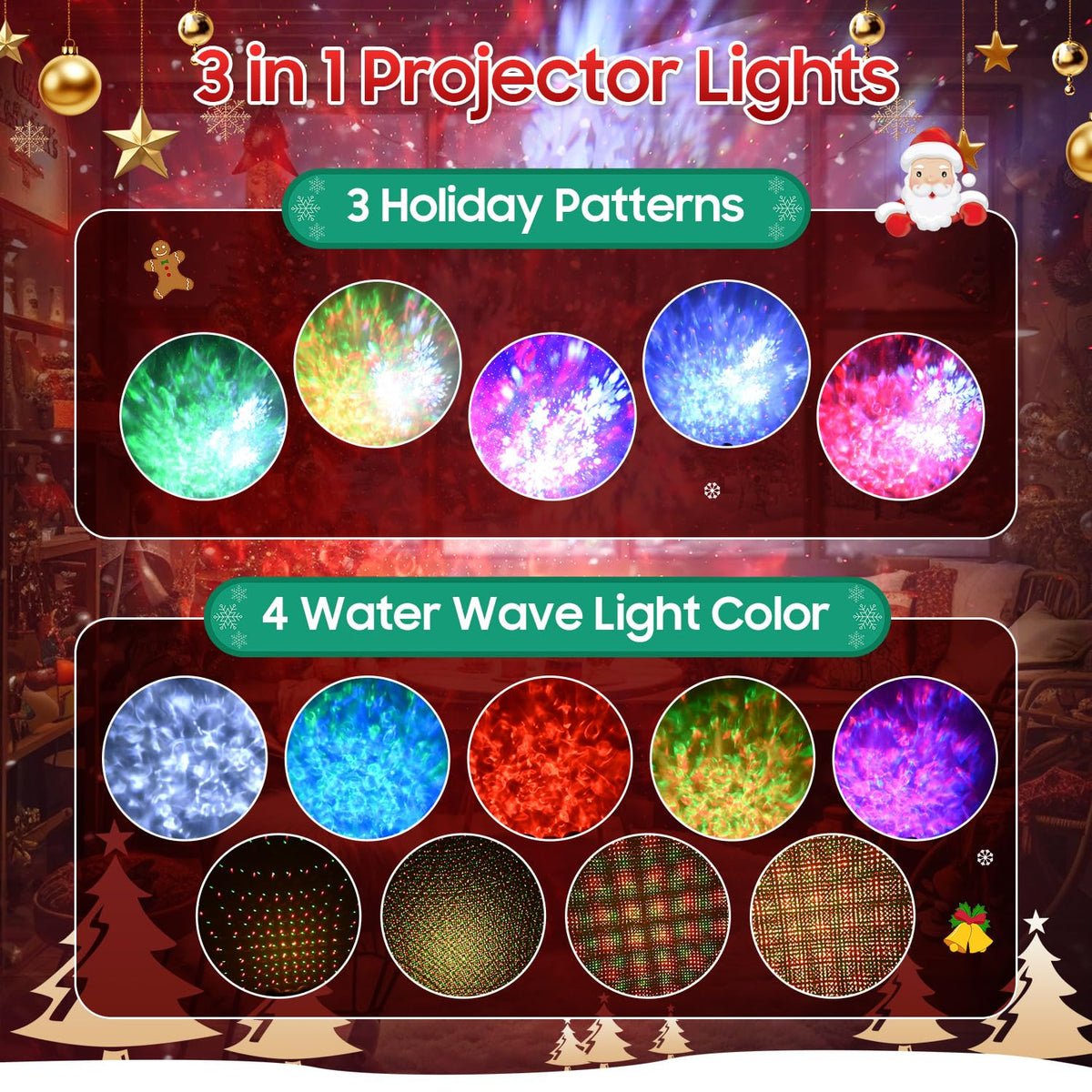 3-in-1 Christmas Projector Lights Outdoor, Holiday Light Projector with Snowfall Storm, Ocean Wave & Red Green Laser Effects, Dual Lens IP65 Waterproof Decorations w/Remote, Timer & Adjustable Speed