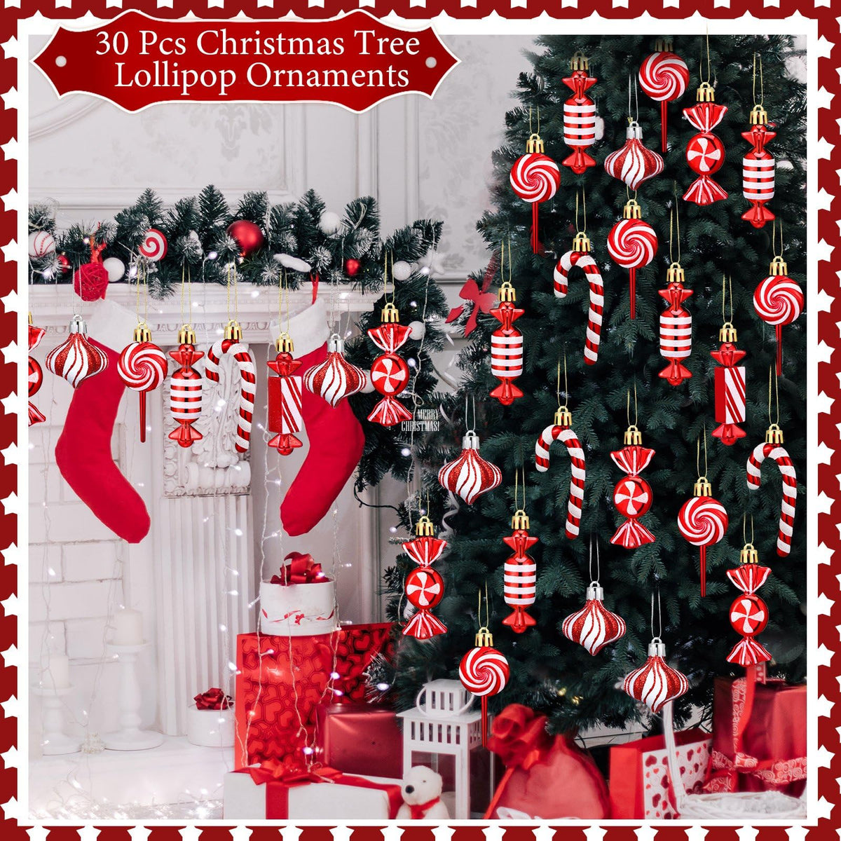 Realspring 30 Pcs Christmas Candy Ornaments Peppermint Candy Cane Christmas Decorations Plastic Lollipop Hanging Ornaments with Rope for Xmas Tree Party Holiday Supplies(Red White)