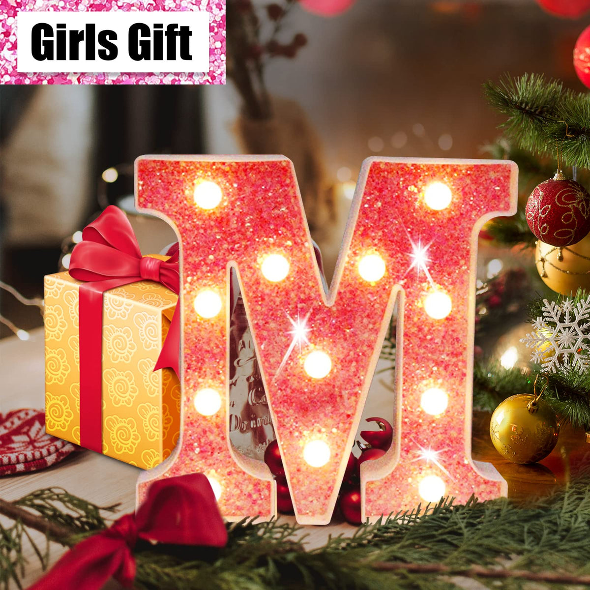 Light Up Letters, Glitter Alphabet Letter Sign Pink LED Marquee Letter Lights Battery Powered for Night Light Girls Bedroom Birthday Party Wedding Home Christmas Decorations Gift for Her-Pink S