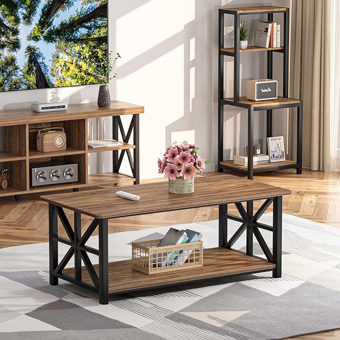 GreenForest Coffee Table with Round Corner, Farmhouse Center Table with 2-Tier