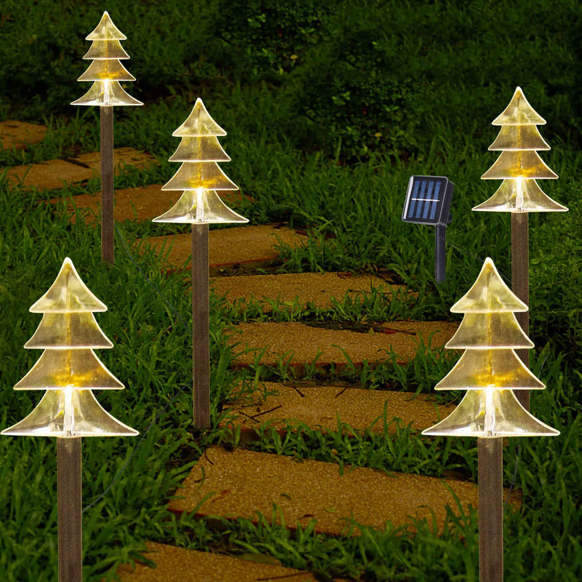 BRIGHTDECK Christmas Solar Pathway Lights Outdoor Decorations, 8 Modes Xmas Tree Candy Lights Waterproof Led Garden Stake Light for Walkway Yard Lawn Porch Holiday Decor (Red Tube Tree, 5 Pack)