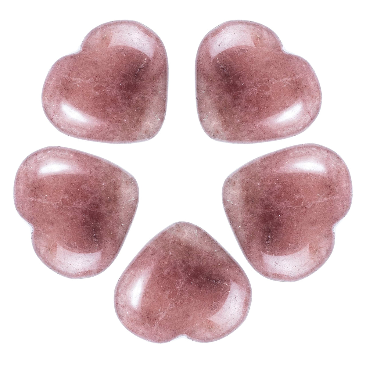 Crocon 5 Pcs Strawberry Quartz Heart stone 25mm Mini Heart Shape gemstone Puff Stones Set 400+ Carats Pocket Crystal Healing Tumble Collection Palm Worry Stone Good Luck Meditation Gift Home Decor