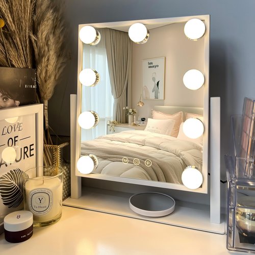 LuxeVue Vanity Mirror with Lights, Makeup Mirror with 3 Lighting Modes, Light Up Mirror with Touch Sensor, AC-Powered, 360 Rotatable, Metal Frame, with Detachable 10X Magnifying Spot Mirro, 14.1"
