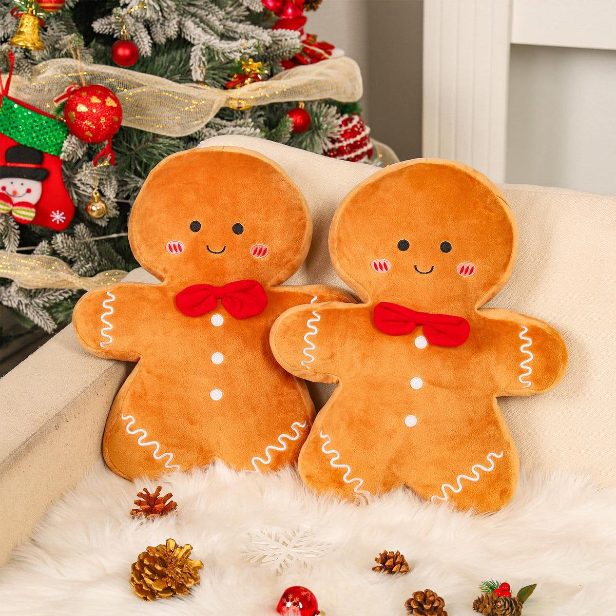 Whaline Christmas Gingerbread Throw Pillows 15.7 in Decorative Cute Stuffed Gingerbread Man Shaped Pillows for Xmas Party Home Couch Cushion, Set of 2