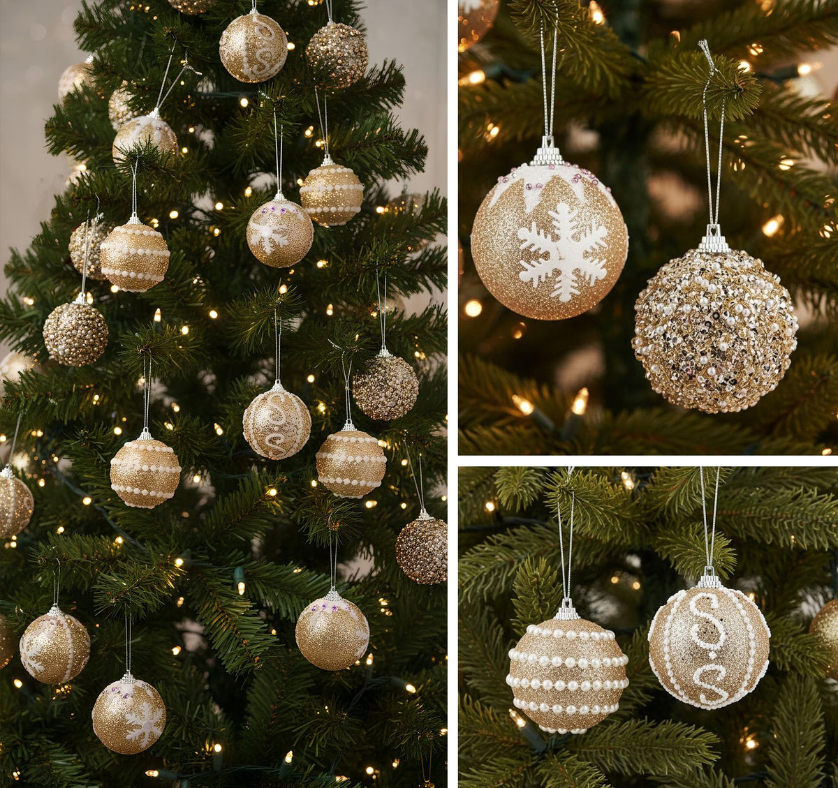 16 Pcs Champagne Christmas Ornaments, Shatterproof Christmas Tree Balls with Pearl Sequin, Hanging Xmas Balls Ornaments Set for Holiday Party Wedding Decorations (2.4"/60mm)