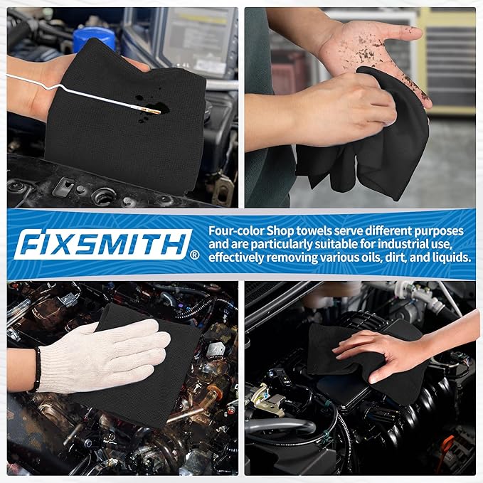 FIXSMITH Microfiber Cleaning Cloth, Shop Towels Bulk, 24 Pack Black Microfiber