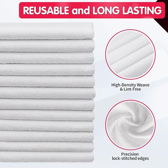 FIXSMITH White Microfiber Cleaning Cloth, Reusable Shop Towels, Microfiber