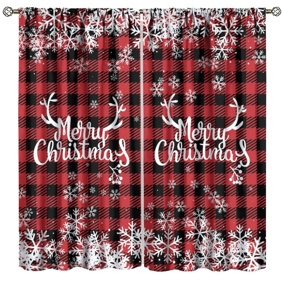 Christmas Curtains, Snowflake Decoration Printed Tartan Fabric, Bedroom Living Room Kitchen Dining Room Decor Curtains Window Treatment 2 Panels Set Total Size 42" W X 45" L Inch