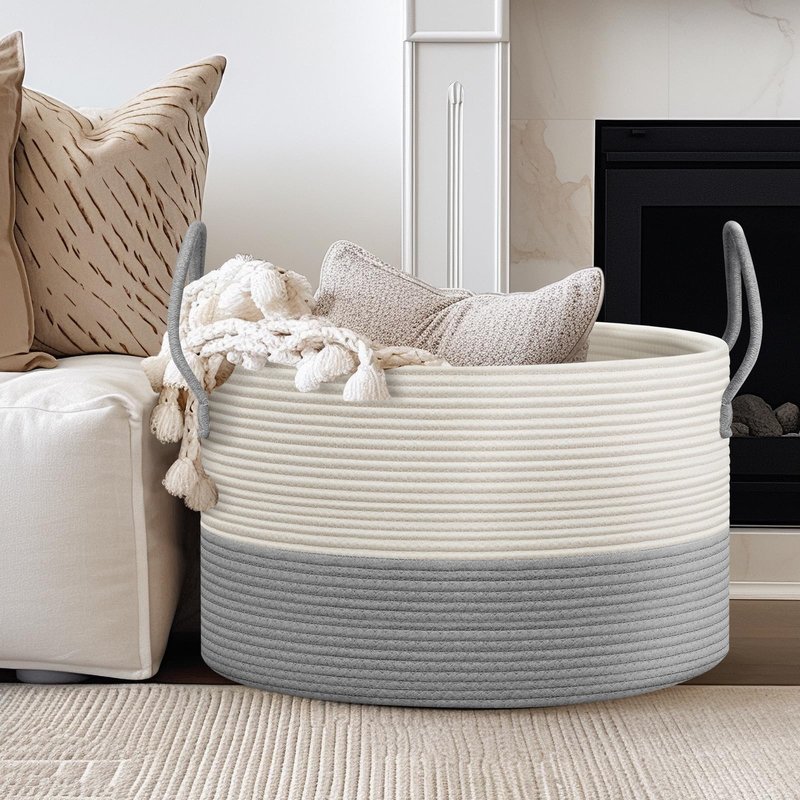 noonkty Blanket Basket Living Room - Toy Storage Basket, 21.7" X 21.7" X 13.8" XXL Cotton Rope Woven Laundry Baskets with Handles, Large Baskets for Storage Nursery Hamper