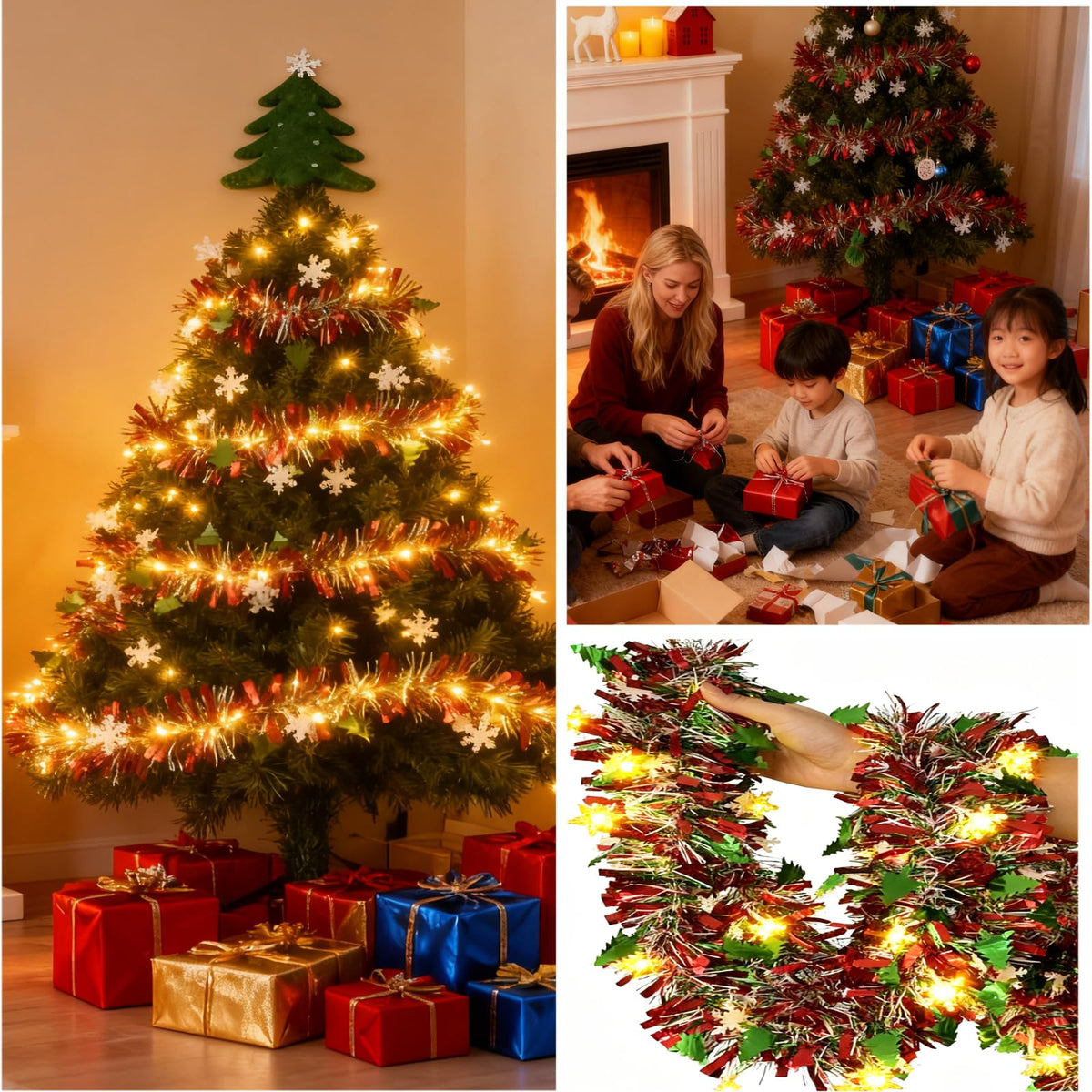 LKBBC Christmas Tinsel Garland with Light, 50 FT Metallic Tinsel Twist Garland Shiny Hanging Decor for Home Window Fireplace Indoor Outdoor, Xmas Ornaments Christmas Tree Decoration,Green Red