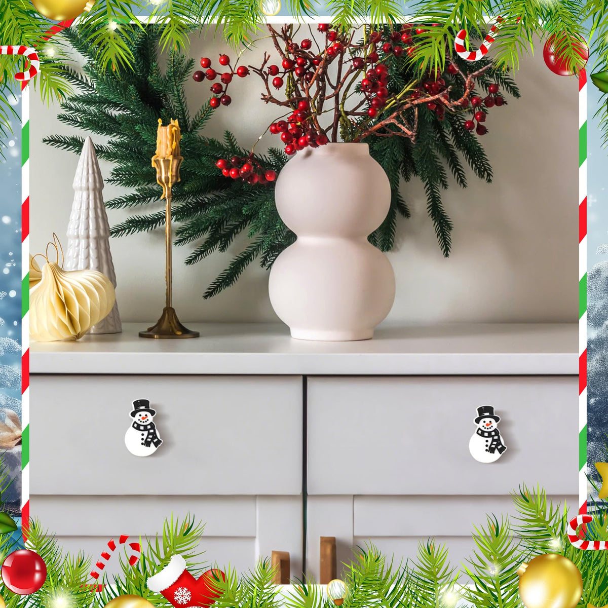 Moxweyeni 12 Pieces Christmas Cabinet Knobs for Kitchen Snowman Knobs Silicone Hand Cabinet Knob Cover Christmas Decorative Drawer Pulls for Xmas Winter Kitchen Home Party Decorations