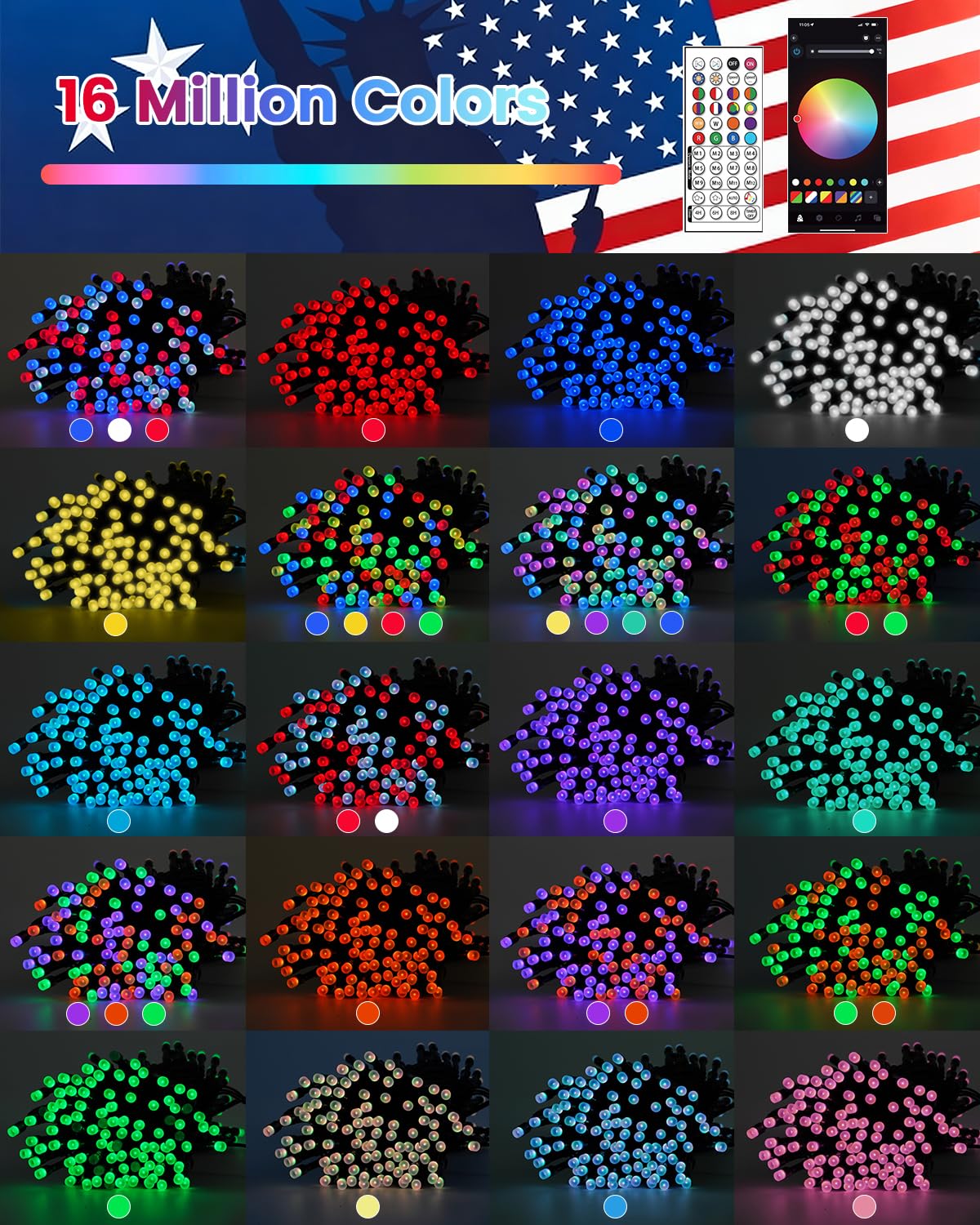 300LED Smart 4th of July String Lights | 107FT App Controlled Red White and Blue American Flag Lights, Waterproof Patriotic RGB Color Changing String Lights with Remote & Timer Outdoor for Memory Day