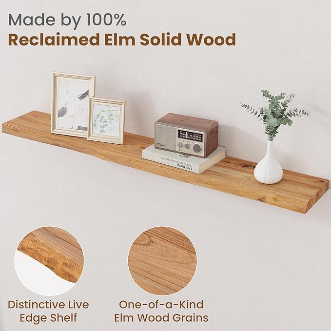 Floating Shelves for Wall Decor, Rustic Solid Elm Wood Live Edge Floating