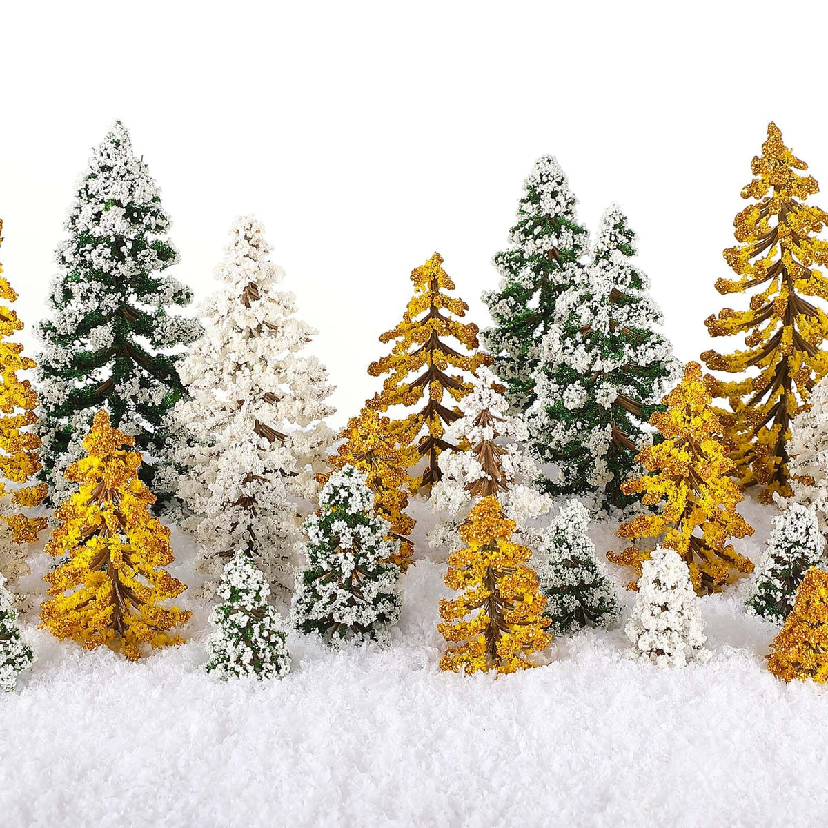 Skylety 35 Pieces Model Trees 6.3-1.2 Inch Mixed Miniature Trees Diorama Supplies Fake Plants Train Scenery Landscape Christmas Village Architecture DIY Crafts(Dark Green, Gold, White,Snowy Cedar)
