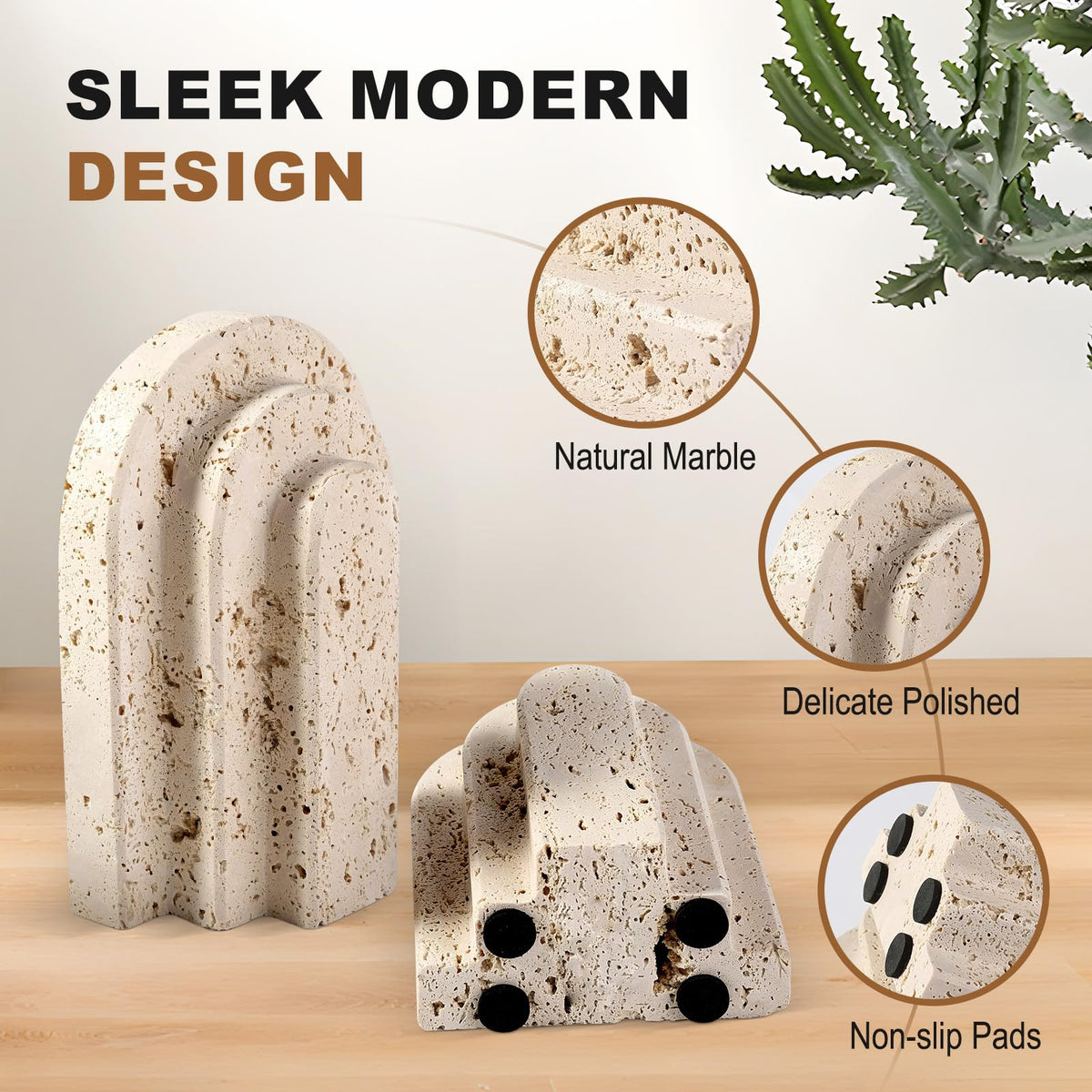 Natural Marble Book Ends - Heavy Duty Bookends for Shelves - Aesthetic Layered Arch Design Stone Book Holders, Unique Modern Office Bookshelf Stopper Decor for Books/CDs(Travertino Turkey)